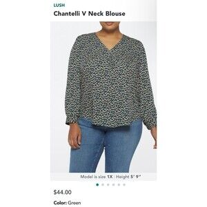 Lush Women’s Plus Size 2X Blouse – Green Print Long Sleeve Top – NWT